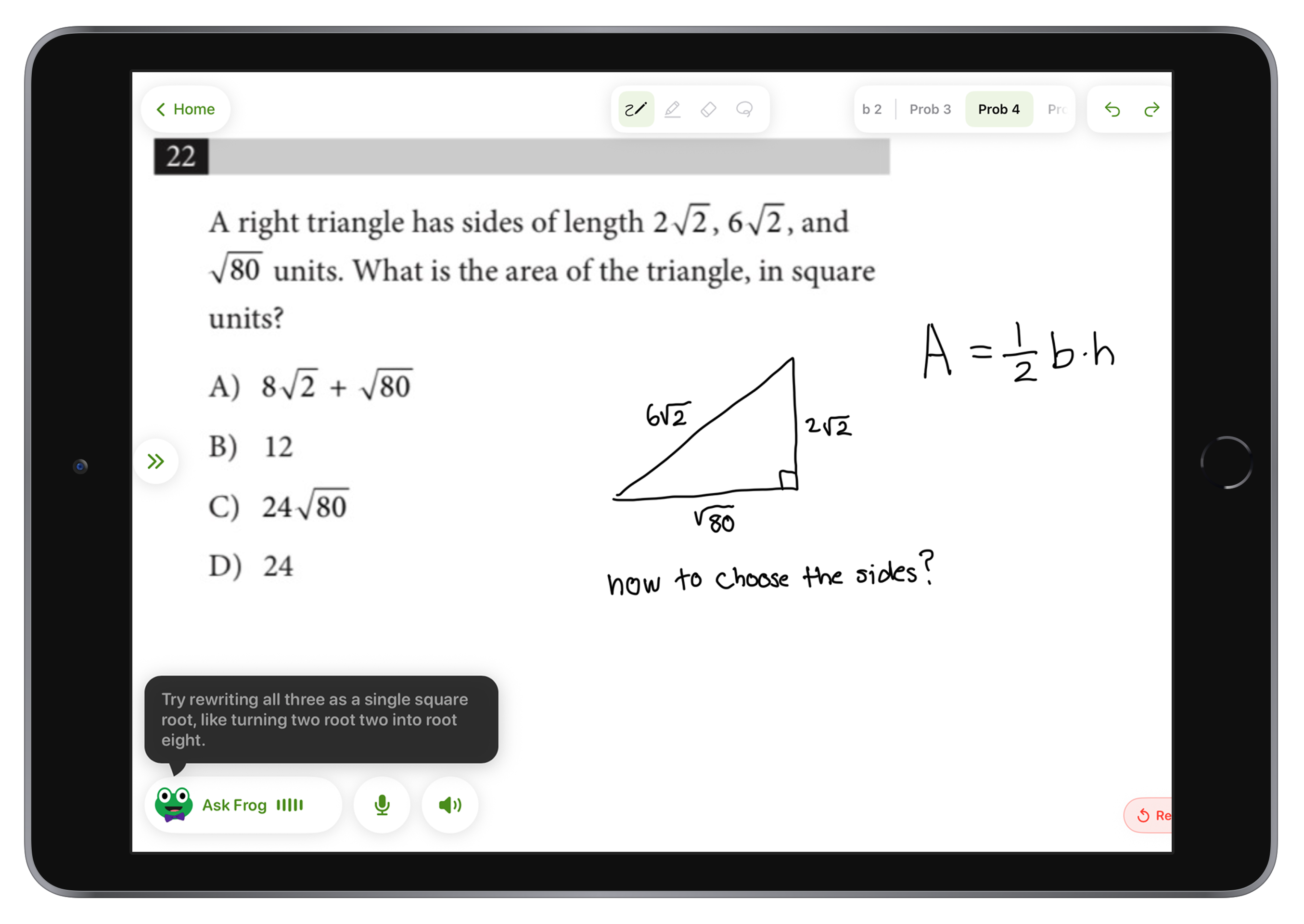 Frog Tutor running on an iPad with a geometry problem and a hint from Frog.